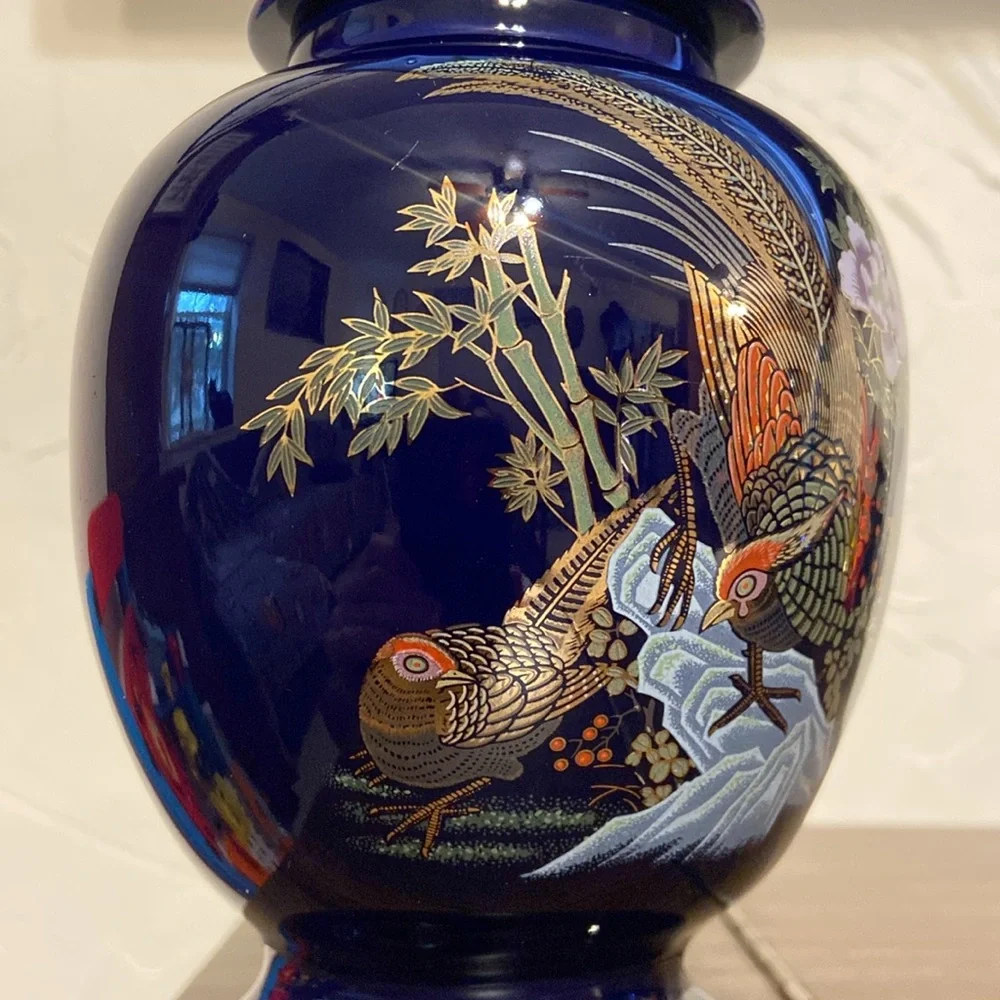 Vintage Japanese Ginger Jar w/ Lid Cobalt Blue with Peacock Bird & Floral 9” - Picture 3 of 15